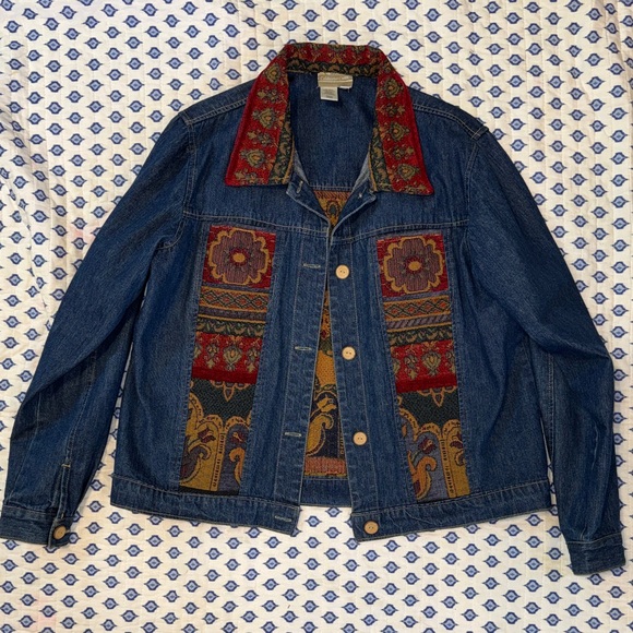 Coldwater Creek Jackets & Blazers - Coldwater Creek Blue Denim Jacket with Red Gold printed Tapestry Large